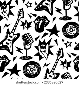 A pattern with elements of punk rock music, seamless on a white background. Black design elements, fingers, hands, star, microphone, zipper, plate, tongue, sharp Packaging for music festivals in black