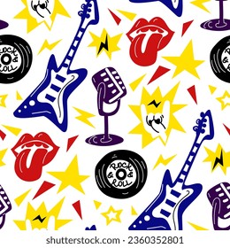 A pattern with elements of punk rock music, seamless on a white background. Black design elements, fingers, hands, star, microphone, zipper, plate, tongue, sharp Packaging for music festivals in black