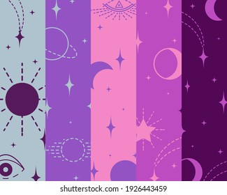 Pattern with elements, signs of esotericism, connection of celestial bodies, stars with fate of person. Background from multicolored stripes. Vector illustration for design of horoscopes, social pages