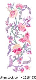 Pattern elements with stylized ornamental flowers in retro, vintage style. Jacobin embroidery. Colored vector illustration In pink