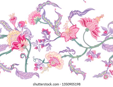 Pattern elements with stylized ornamental flowers in retro, vintage style. Jacobean embroidery. Outline hand drawing vector illustration.