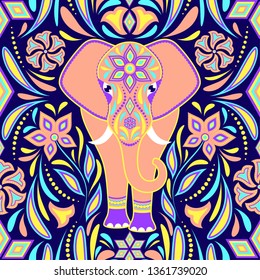 Pattern with elephant and abstract flowers on dark blue background.Surface pattern.