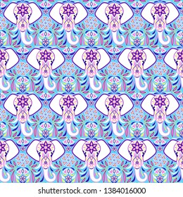 Pattern with elephant and abstract flowers on blue background.