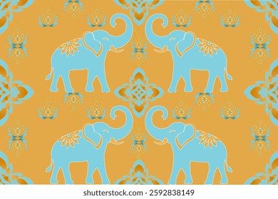 Pattern: elephant, blue, gold, traditional style