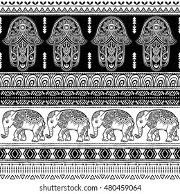 Pattern with elephant and hamsa. Beautiful ornament