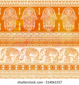 Pattern with elephant and hamsa. Beautiful ornament