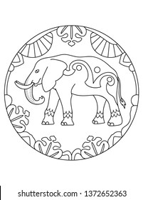 Pattern with elephant. Illustration with an elephant. Mandala with an animal. Elephant in a circular frame. Coloring page for kids and adults.