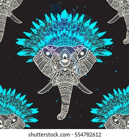 Pattern with Elephant and mandala. Frame of animal made in vector. Use for children clothes, pajamas

