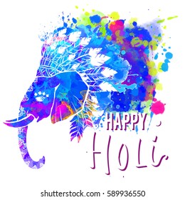 Pattern with Elephant watercolor. Frame of animal made in vector. Use for children clothes, pajamas, Watercolor Happy Holi and Dolyatra celebration card. 