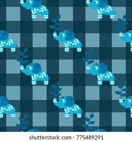 Pattern with elephants, branches, flowers in Indian style on a blue background for textiles