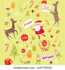 pattern with elves, Santa Claus wishing Merry Christmas, reindeer Rudolph, decoration elements and fir tree with gift boxes and sale tags near sweet candies. Vector endless texture