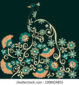 pattern with embroidered peacock and flowers