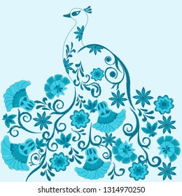 pattern with embroidered peacock and flowers