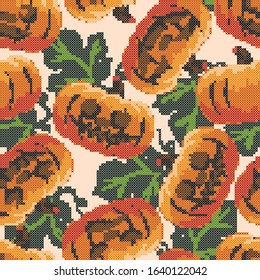 Pattern for embroidering with a cross, a seamless background of leaves with pumpkin. Background for Halloween