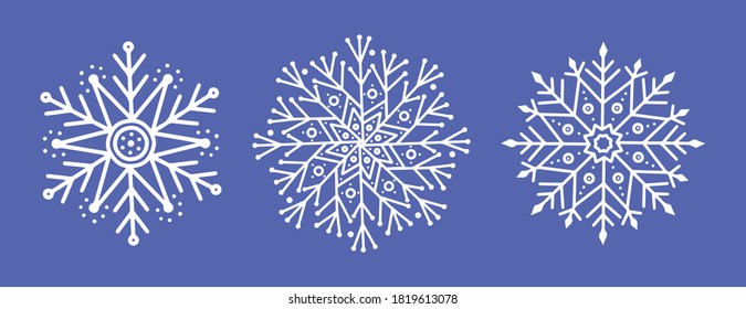 Pattern for embroidery vector set of mandalas. Collection of stylized stars and snowflakes in line style. Vector round ethnic ornaments. New Year's decorative details. White design elements on a blue