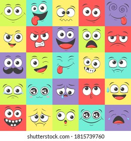 Pattern with emoticons with different mood. Smile cartoon emoji face happy, sad, fear, crazy. Endless texture can be used for pattern fills, web page background, surface textures. Vector EPS8