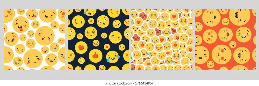 Pattern with emoticons, seamless. The concept of various happy and funny emojis, colorful and positive, kiss, wink, love, approval. Suitable for printing, wallpaper, textiles.