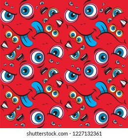 Pattern of emoticons set in a flat design on a red background. Eyes, face pattern.