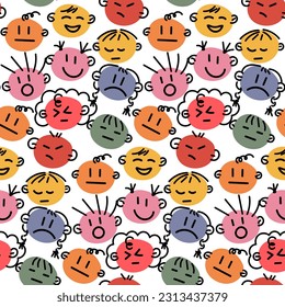 A pattern with emotional colored circles and contour rendering of hairstyles. Vector icon of emotions with hairstyles. Funny illustration. Design for fabric, wrapping paper Party decoration on a white