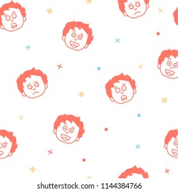 Pattern of an emotional red-headed boy. Perfect for gift wrapping, notebooks or children's websites. The boy is happy, sad and surprised.