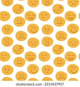 A pattern with emotional yellow circles. Vector smile icon with seamless pattern. Funny vector illustration. Design for fabric, wallpaper or wrapping paper. Ornament for a party on a white background