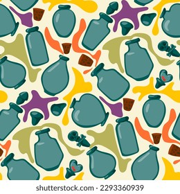 A pattern of empty glass jars from which the potion poured out. Colored potion, jars, splashes, puddles. Background in the Halloween color scheme. Printing gift packaging, textiles Abstract background
