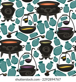 A pattern with empty glass jars and witch cauldrons with colored potions. A cauldron, a potion, a ladle, are poured into containers. Halloween-style background. Printing gift packaging, textiles