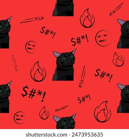 The pattern (endless picture) of the cat meme - Black Cat Zoning Out. The illustration is made in bright colours. The picture conveys a joke, humour, hopelessness, misunderstanding, anger.