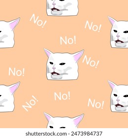 Pattern (endless picture) of a cat meme - woman yelling at cat. The illustration is made in pastel colours. The picture conveys a joke, humour, laughter, anger, scream.