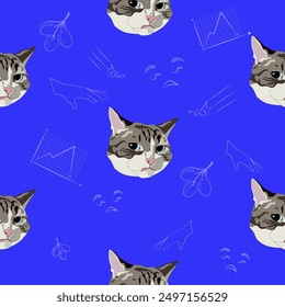 The pattern (endless picture) of the cat meme is a disgruntled cat. The illustration is made in cold colours. The picture conveys a joke, humour, meme, dissatisfaction, disdain.