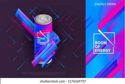 Pattern with energy drink. Realistic energy bank in colorful stripes. Can on a beautiful background. Template for advertising energy drink.