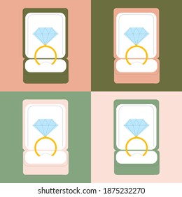 Pattern with an engagement ring on a pink and green background.Illustration for wrapping paper, packing, decorating of jewelry stores and sites.