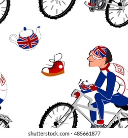 pattern english cyclist with kettle for tea.character design.sport illustration