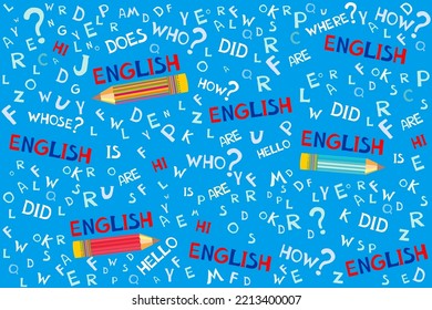 Pattern from English language doodles. Seamless pattern. Background on the theme of school, grammar, education, learning, literacy, spelling.  Education vector illustration.