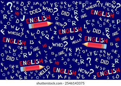 Pattern from English language doodles. Seamless pattern. Background on the theme of school, grammar, education, learning, literacy, spelling.  Education illustration.