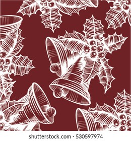 Pattern of engraved chrismas bells with berries and leaves.