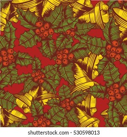 Pattern of engraved chrismas bells with berries and leaves.