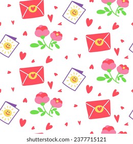Pattern envelope postcard flowers heart. Envelopes with a heart, postcards, a bouquet on a white background. Vector flat cartoon illustration. Holiday theme birthday, Valentine's Day, Mother's Day