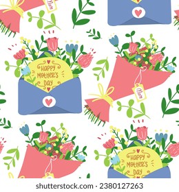 Pattern with envelopes, bouquets of flowers for Mother's Day in a flat style. Cartoon isolated illustration with flowers. Congratulatory texture in the form of a seamless ornament. Holiday packaging