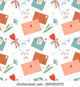 Pattern envelopes with heart, postcard, candy, confetti, postage stamp and flowers on a white background. Vector illustration. Valentine's Day.