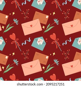 Pattern envelopes with heart, postcard, candy, confetti, postage stamp and flowers on a red background. Vector illustration. Valentine's Day.