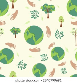 Patrón. Protección ambiental, ilustración conceptual de ecología en estilo plano. Tierra, plantas, árboles. Tierra en mano.