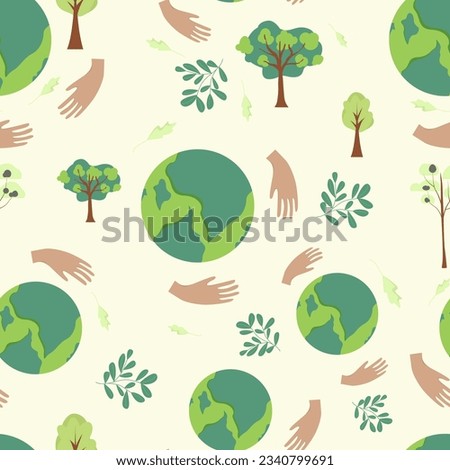 Pattern. Environmental protection, ecology concept illustration in flat style. Earth, plants, trees. Earth in hand.