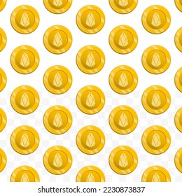 Pattern of Eos coins on transparent background with mini doodle (icons) and gold color. Vector Illustration