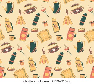 Pattern with equipment for hiking and picnic in nature, thermoses and food on soft orange background