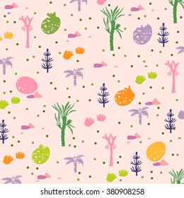 Pattern in era of dinosaurs style with dinosaur footprints, eggs and prehistoric trees. Suitable for children's clothes, bed linen, wallpaper, children's product wraps. Vector Illustration