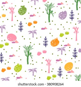 Pattern in era of dinosaurs style with dinosaur footprints, eggs and prehistoric trees. Suitable for children's clothes, bed linen, wallpaper, children's product wraps. Vector Illustration