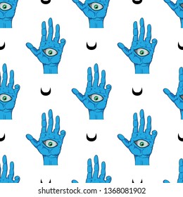 Pattern of esoteric blue hand and third eye symbol. Vector illustration in cartoon style. 