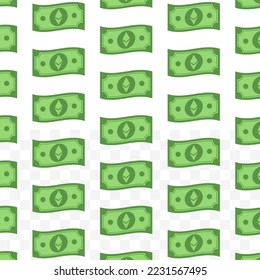 Patrón de billetes etéreos sobre fondo transparente con mini doodle (icono) y color verde. Ilustración vectorial
