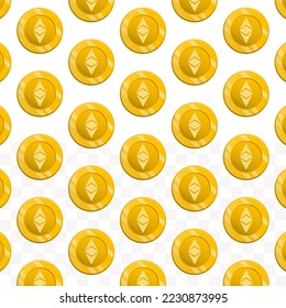 Pattern of Ethereum Classic coins on transparent background with mini doodle (icons) and gold color. Vector Illustration